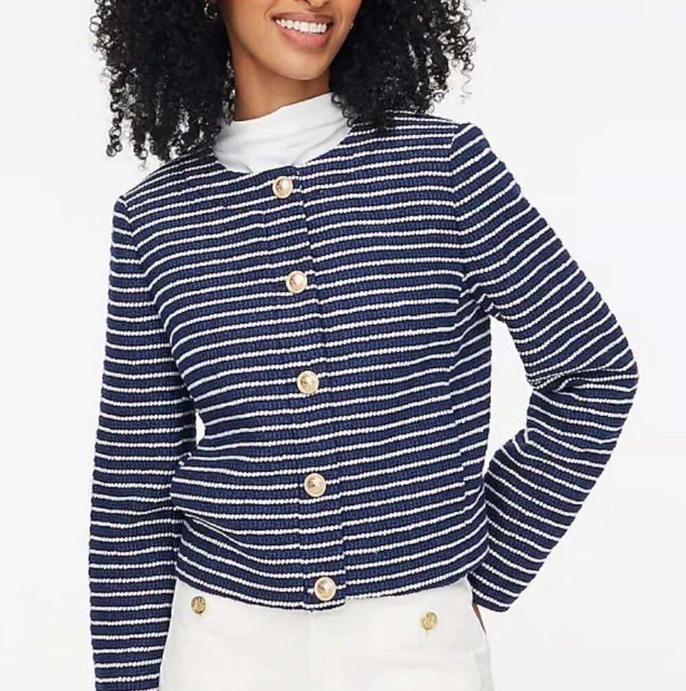 J.Crew Factory Tweed Lady Jacket Navy Ivory Striped Gold Buttons 8 Old Money